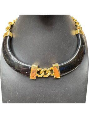 Vintage Signed Alexis Kirk Vintage Black Gold Chain Link Statement Necklace 15"